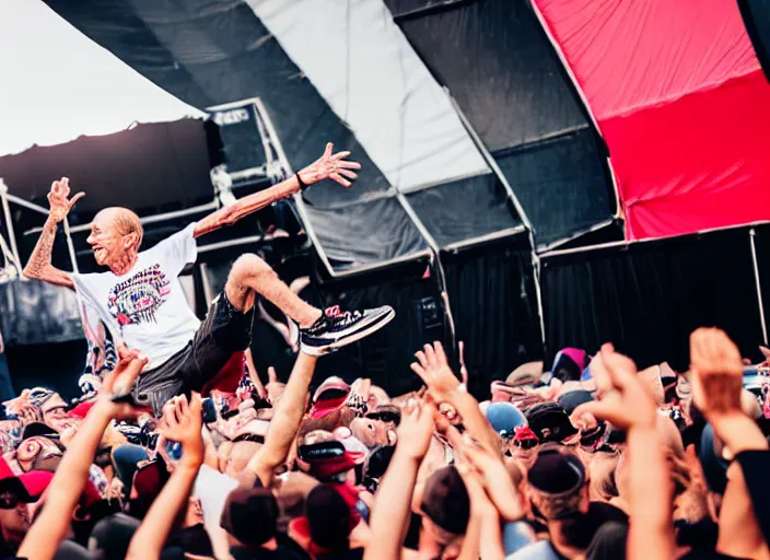 Prompt: photo still of don knotts at vans warped tour!!!!!!!! at age 5 5 years old 5 5 years of age!!!!!!! stage diving into a crowd, 8 k, 8 5 mm f 1. 8, studio lighting, rim light, right side key light