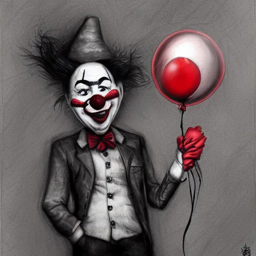 Image similar to surrealism grunge cartoon portrait sketch of clown with a wide smile and a red balloon by - michael karcz, loony toons style, pennywise style, horror theme, detailed, elegant, intricate