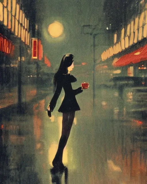 Image similar to a kodachrome photo of a girl meeting the devil in the rain at night, 1 9 7 0 s, seventies, wallpaper, delicate embellishments, painterly, offset printing technique, by brom, robert henri, walter popp