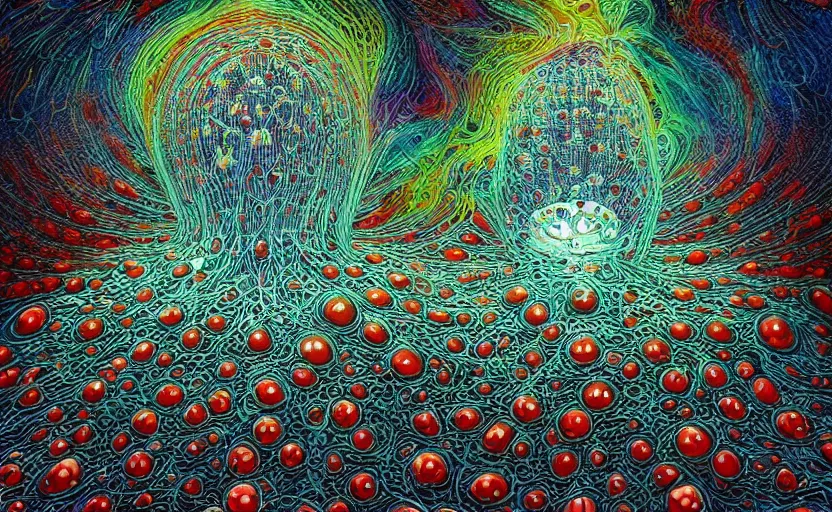 Image similar to beautiful psychedelic amanita muscaria energy flow in the style of peter gric