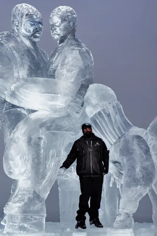 Image similar to dramatic photo, the rapper'ice cube'carving a full body ice sculpture of rapper'ice cube'at harbin ice festival, wide angle photo, award winning, artgerm, wlop, james gurney, trending on artstation