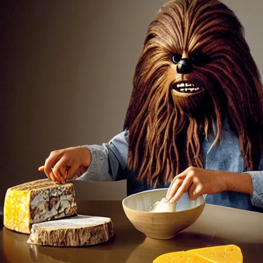 Image similar to dutch chewbacca wearing clogs and eating cheese