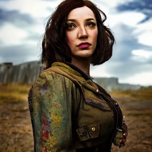 Image similar to fallout 5, charismatic beautiful rugged brunette female protagonist, portrait, outdoors in front of the entrance to vault 1 5 6, atmospheric lighting, painted, intricate, volumetric lighting, beautiful, daytime, sunny weather, slight overcast, sharp focus, deep colours, ultra detailed, by leesha hannigan, ross tran, thierry doizon, kai carpenter, ignacio fernandez rios