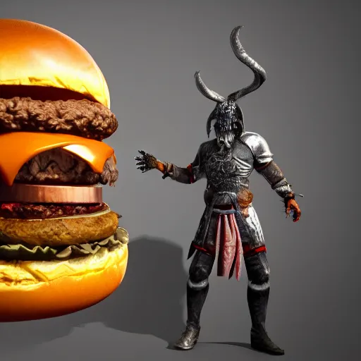 Image similar to a warrior fighting a giant cheeseburger demon that spits mustard. eldenring boss, zbrush, arnold render, unrealengine 5, dark souls, horror, extremely detailed