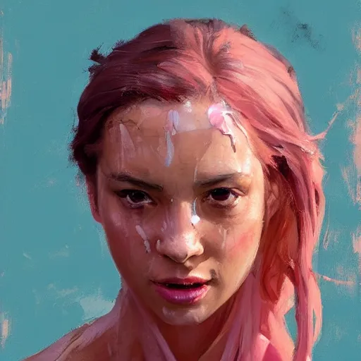 Prompt: greg manchess portrait painting of an female survivor in a bloody pink t shirt, goddess, wet flowing hair, bandage nose, shiny wet skin, medium shot, asymmetrical, profile picture, organic painting, matte painting, bold shapes, hard edges, street art, trending on artstation, by huang guangjian and gil elvgren and sachin teng