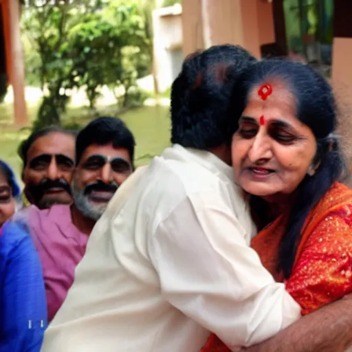 Prompt: vinod purohit hugging geeta pai as anji watches