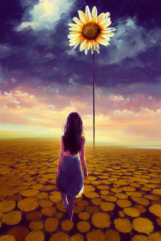 Image similar to giant daisy flower head, girl walking on salt flats mountains, surreal photography, sunrise, dramatic light, impressionist painting, colorful clouds, digital painting, artstation, simon stalenhag