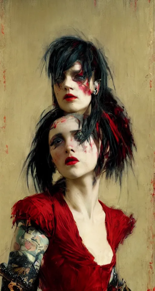 Image similar to Solomon Joseph Solomon and Richard Schmid and Jeremy Lipking victorian genre painting portrait painting of a young beautiful woman punk rock goth with punk rock haircut in fantasy costume, red background