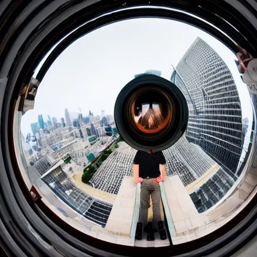 Image similar to person very close to camera, wideangle fisheye lense photography