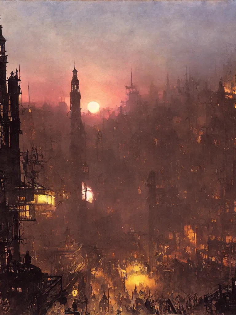 Prompt: a large dieselpunk and steampunk cityscape at dusk in russion during the 1 9 1 0 revolution, caspar friedrich, winslow homer, craig mullins,