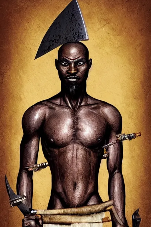 Prompt: Ogun holding his knives poised for battle, an ancient orisha the African Warrior God of Craftsmen and Hunters, bronze-brown skin with masculine features - strong jaw line, bald head and menacing look, tribal markings with golden and jeweled adornments, medium shot digital illustration trending on artstation by artgerm and raphaelite, face by wlop, detailed and concise