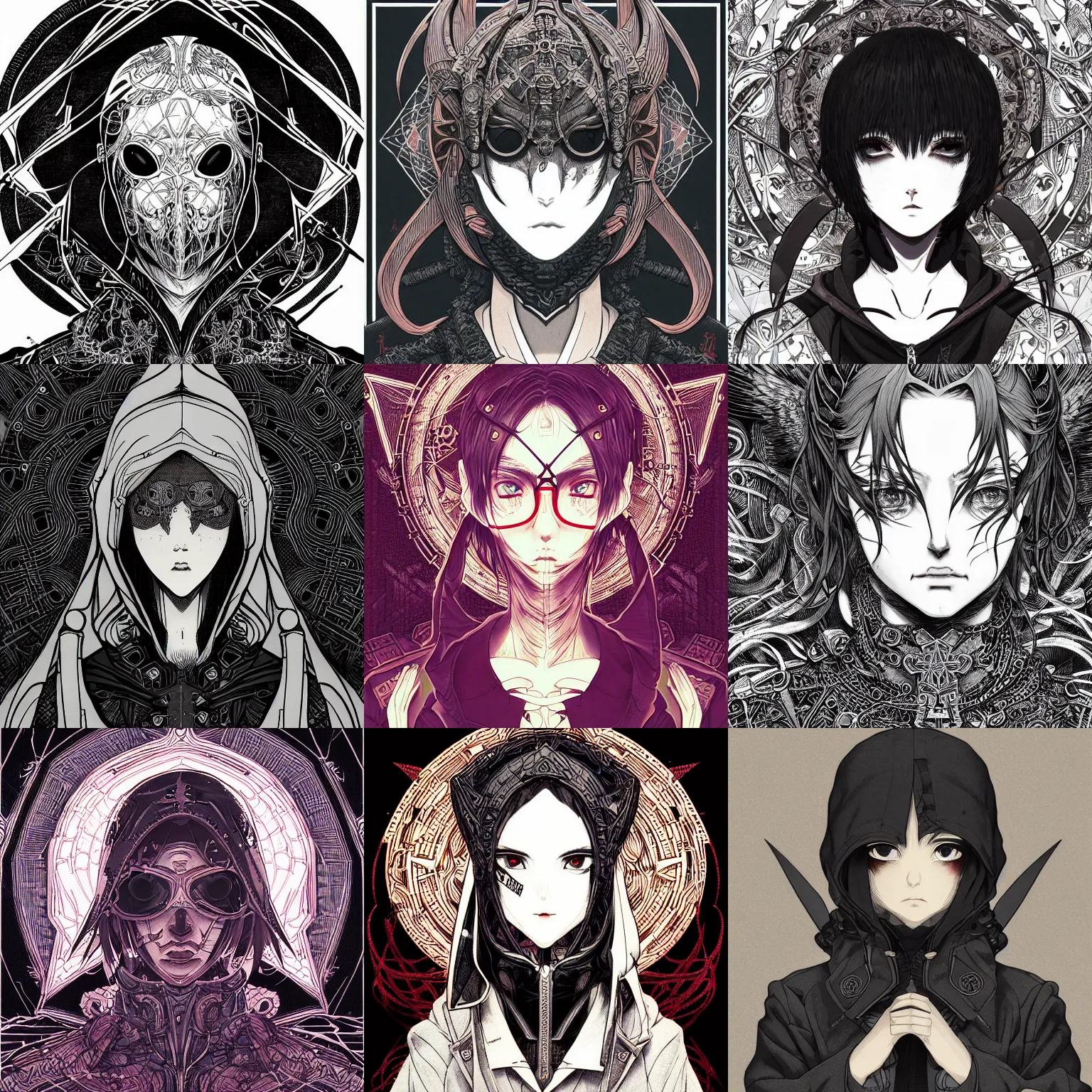 Prompt: techwear occultist, chaos magick, leviathan cross, androgynous, beautiful, detailed symmetrical close up portrait, intricate complexity, in the style of kyoto animation key visuals and takato yamamoto, artgerm, cel shaded