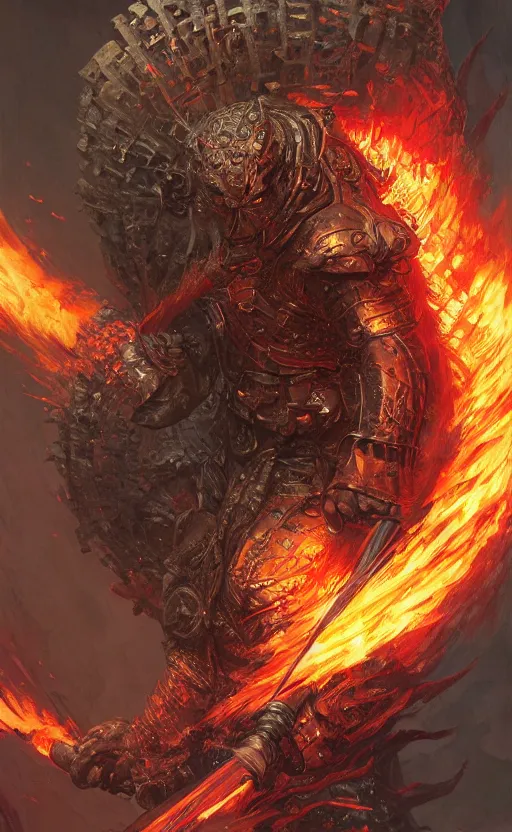 Prompt: close view of flaming sword, inhuman object, show room background, front game card, drark, marvel comics, dark, intricate, highly detailed, smooth, artstation, digital illustration by ruan jia and mandy jurgens and artgerm and wayne barlowe and greg rutkowski and zdislav beksinski