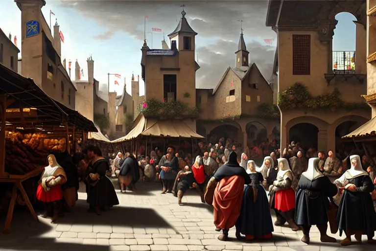 Image similar to A medieval market, between the products being sold are mobile phones, ear phones, laptops, and other devices!! Some people walking around, big depth of field, matte painting, trending on artstation, hyper detailed, sharp, baroque painting, painted by Velazquez