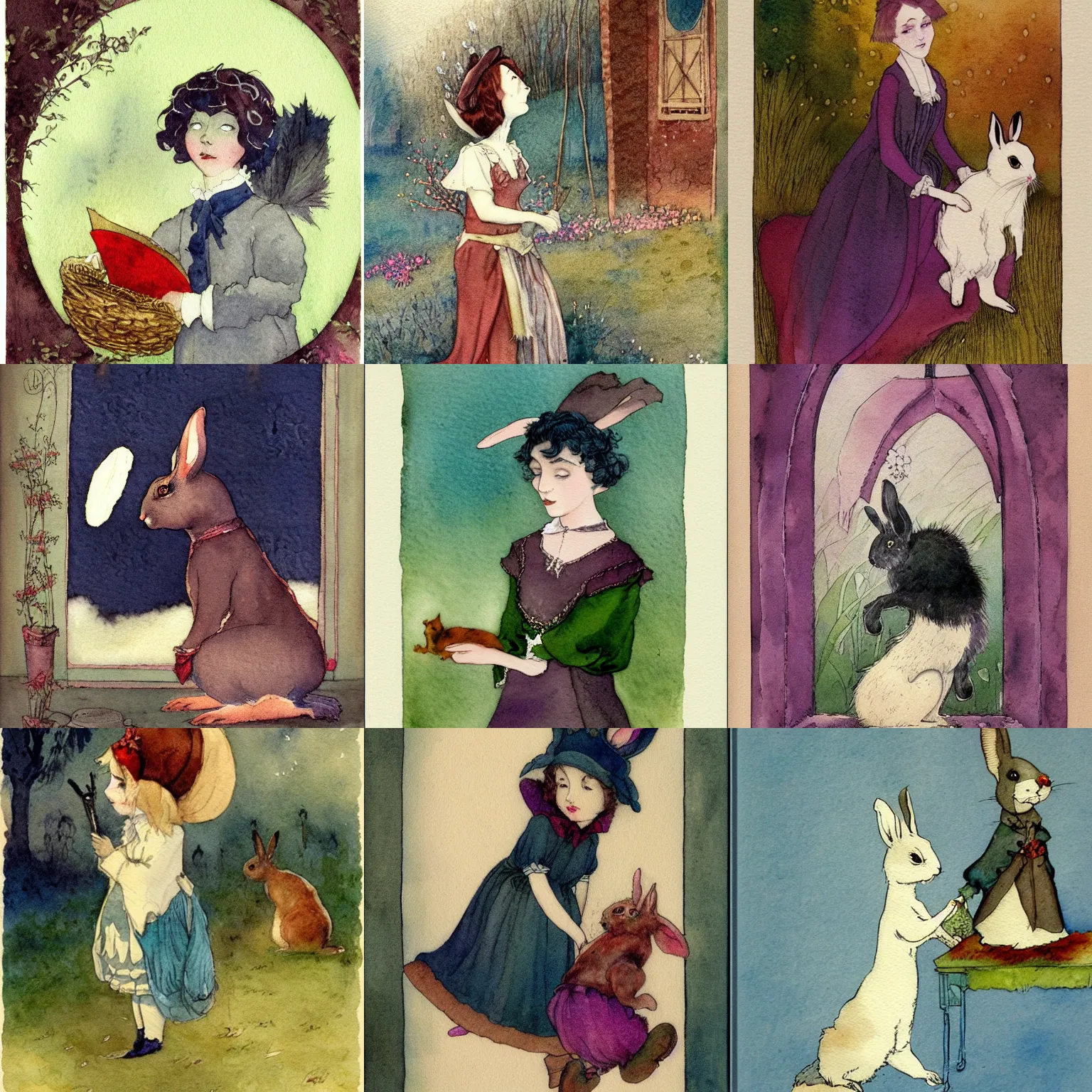 Prompt: Watercolor storybook illustration of a rabbit in Victorian attire by Agnes Cecil and Edmund Dulac, Artstation