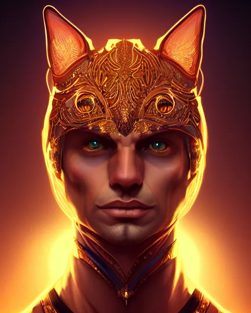 Prompt: symmetry portrait of brave cat - headed man, glam, power, glowing lights intricate, elegant, highly detailed, digital painting, artstation, concept art, smooth, sharp focus, illustration, art by artgerm and greg rutkowski and fra angelico and unreal engine 5