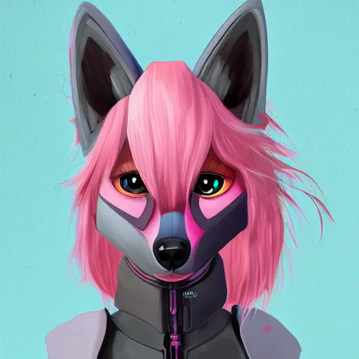 Image similar to digital art artstation, pixiv, portrait of a robotic fox with cybernetic body with pink hair, character fursona furry, furaffinity