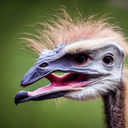 Image similar to ostrich and velociraptor hybrid animal, realistic picture, taken in zoo