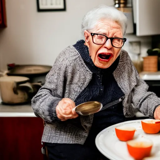 Image similar to elderly woman screaming at soup, canon eos r 3, f / 1. 4, iso 2 0 0, 1 / 1 6 0 s, 8 k, raw, unedited, symmetrical balance, wide angle