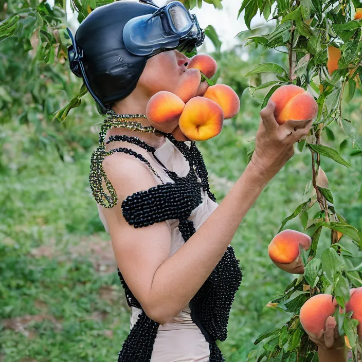 Prompt: a closeup portrait of a woman in a scuba helmet, wearing a dress made of beads, picking peaches from a tree, color photograph, by vincent desiderio, canon eos c 3 0 0, ƒ 1. 8, 3 5 mm, 8 k, medium - format print