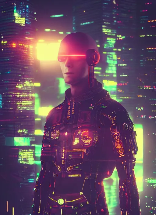 Image similar to Cyberpunk Saitama, Neon, dark atmosphere, cinematic shot, intricate, ornate, photorealistic, ultra detailed, realistic, 100mm, photography, octane, high definition, depth of field, bokeh, 8k, artstation