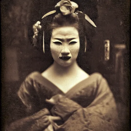 Image similar to terrifying evil dark angry geisha!!! daguerreotype portrait photograph. inspired by gerard grom and ansel adams. beautiful. highly detailed. old timey.