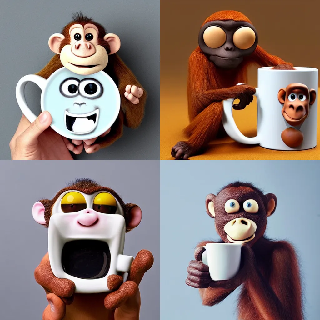 Prompt: “claymation crazy monkey holding a coffee mug, cute Pixar character, white background”