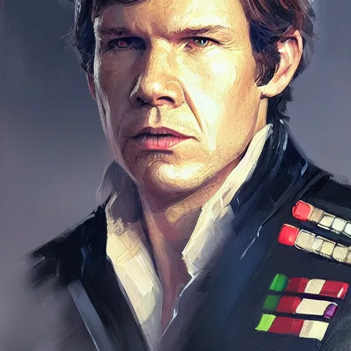 Image similar to portrait of a Man by Greg Rutkowski, Han Solo as an Admiral of the Galactic Alliance, he is about 70 years old, wearing military navy uniform of the Galactic Alliance, Star Wars Expanded Universe, highly detailed portrait, digital painting, artstation, concept art, smooth, sharp foccus ilustration, Artstation HQ