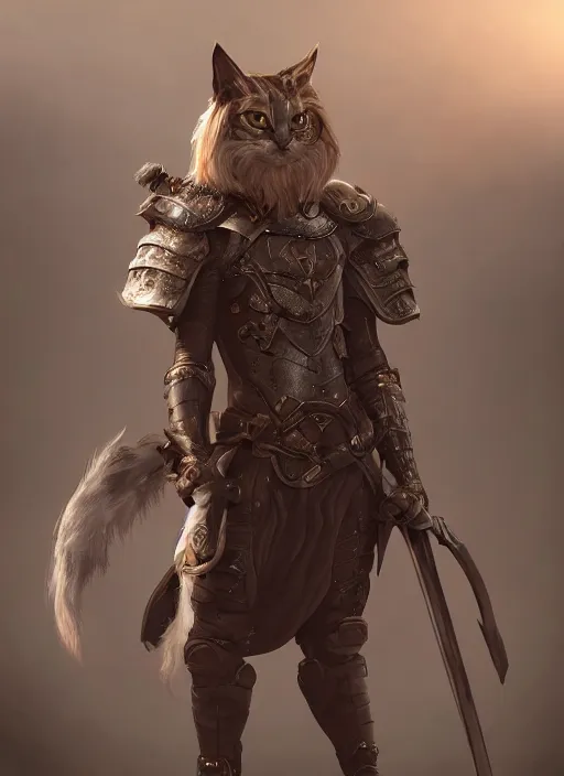 Image similar to An epic fantasy comic book style portrait painting of a cat knight, unreal 5, DAZ, hyperrealistic, octane render, cosplay, RPG portrait, dynamic lighting