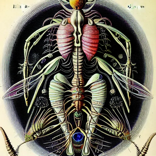 Image similar to alien insectoid by ernst haeckel, masterpiece, vivid, very detailed