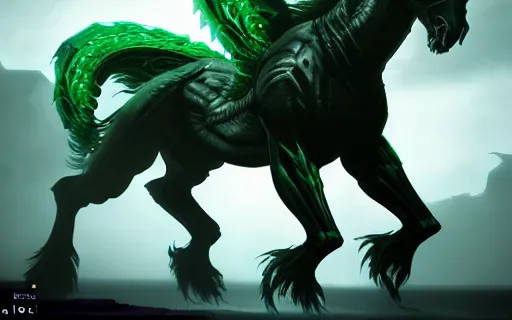 Prompt: an epic fantasy comic book style portrait painting of an giant abyssal green alien horse, menacing. unreal 5, daz, hyperrealistic, octane render, cosplay, rpg portrait, dynamic lighting