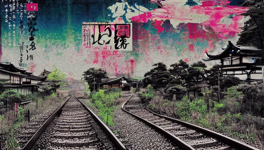 Prompt: Japan rural splendor rail travel and touring c2050, surrealist psychedelic photo-collage painting spot illustration in the style of Newsweek magazine, +81 magazine, minimalist clinical white negative space, clinical muted deep neon color, spot color and metallic inks clean slick design