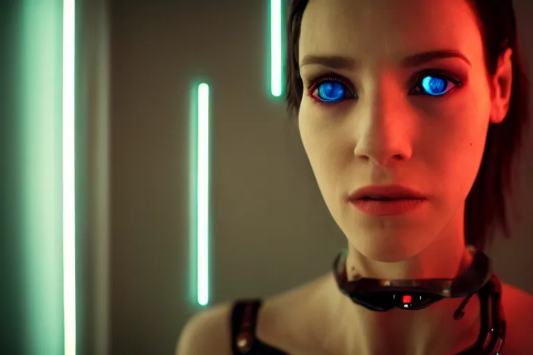 Image similar to cinematography closeup portrait of a cyborg woman in a cyberpunk apartment, neon lighting, night, by Emmanuel Lubezki