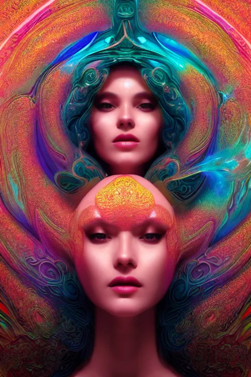 Image similar to a centered render of an alluring goddess wearing a psychedelic mask surrounded by a underwater ink pour and energy made from geometry and spiral mandel bulb fractals, powerful, cinematic, beautifully lit, by artgerm, by karol bak, 3 d, trending on artstation, octane render, 8 k