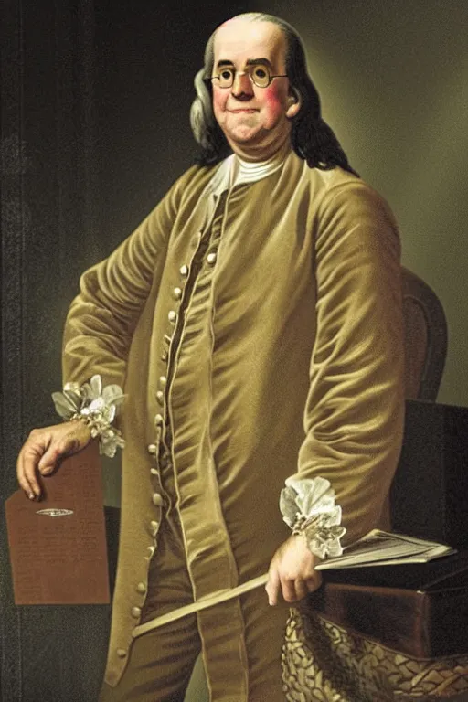 Image similar to a professional state portrait of benjamin franklin as the prime magistrate of hawaii