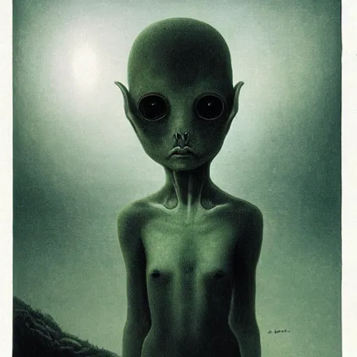 Prompt: cute girl alien meets human boy from Earth by Beksinski