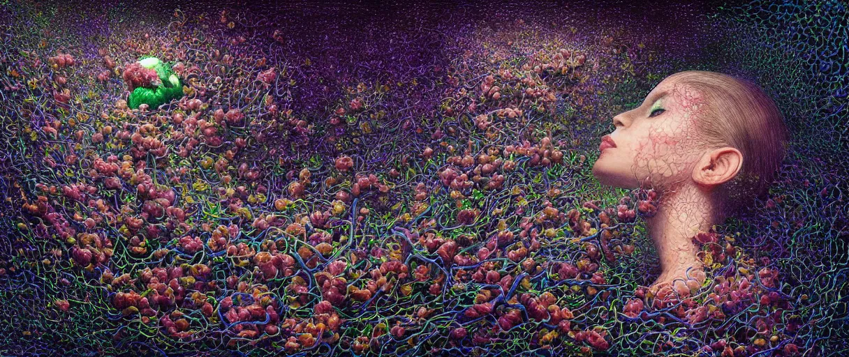 Image similar to hyper detailed 3d render like a Oil painting - Aurora (Singer) Eats of the Strangling Fruit and Her gossamer polyp blossoms bring iridescent fungal flowers whose spores black the foolish stars by Jacek Yerka, Mariusz Lewandowski, Houdini algorithmic generative render, Abstract brush strokes, Masterpiece, Edward Hopper and James Gilleard, Zdzislaw Beksinski, Mark Ryden, Wolfgang Lettl, hints of Yayoi Kasuma, octane render, 8k