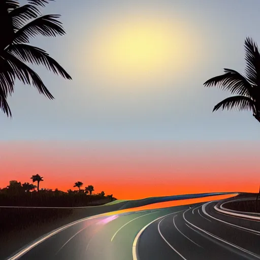 Image similar to dimly lit wavy road at night after rain that leads to a small cozy beach surrounded by palm trees, shot from sky, desaturated, photorealistic, beautiful, sharp, highly detailed, artstation, pixvy, syd mead, scott robertson