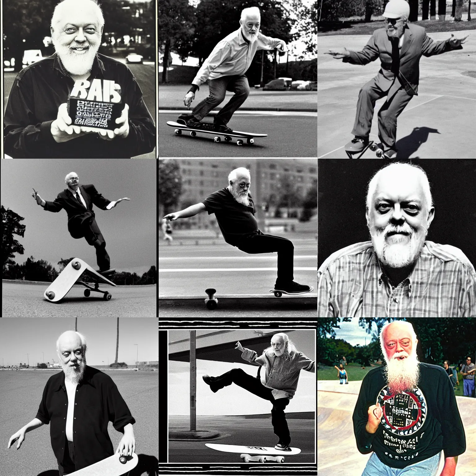 Prompt: robert anton wilson skateboarding.