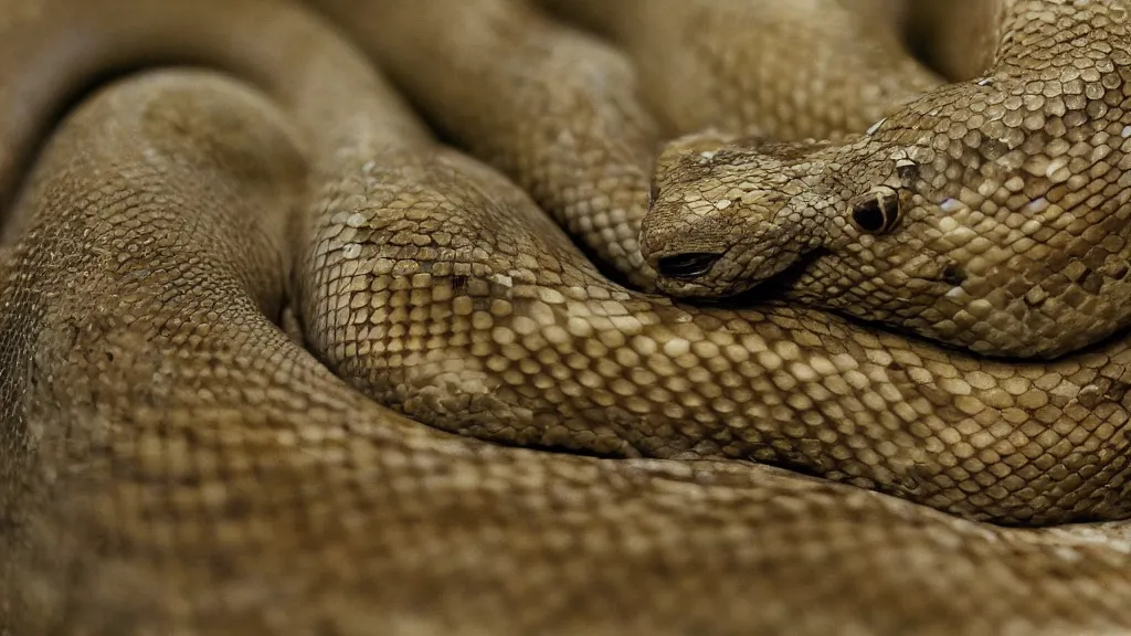 Prompt: snakes don't sleep, film still from the movie directed by Denis Villeneuve with art direction by Zdzisław Beksiński, close up, telephoto lens, shallow depth of field