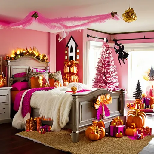 Image similar to homemade pink and gold halloween themed christmas bedroom ideas, high resolution, creative, visually appealling