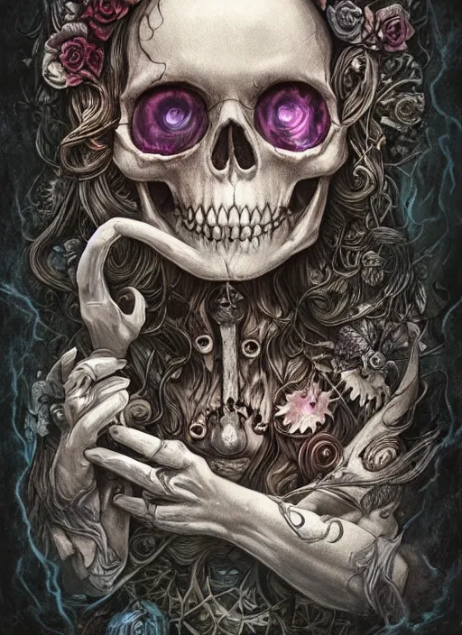 Image similar to alice in wonderland death tarot card, highly detailed, half skull face, cinematic, 8 k, bymegan duncanson, benjamin lacombe, naoto hattori, adrian borda, giger, trending on deviantart, hyper detailed, horror, full of colour