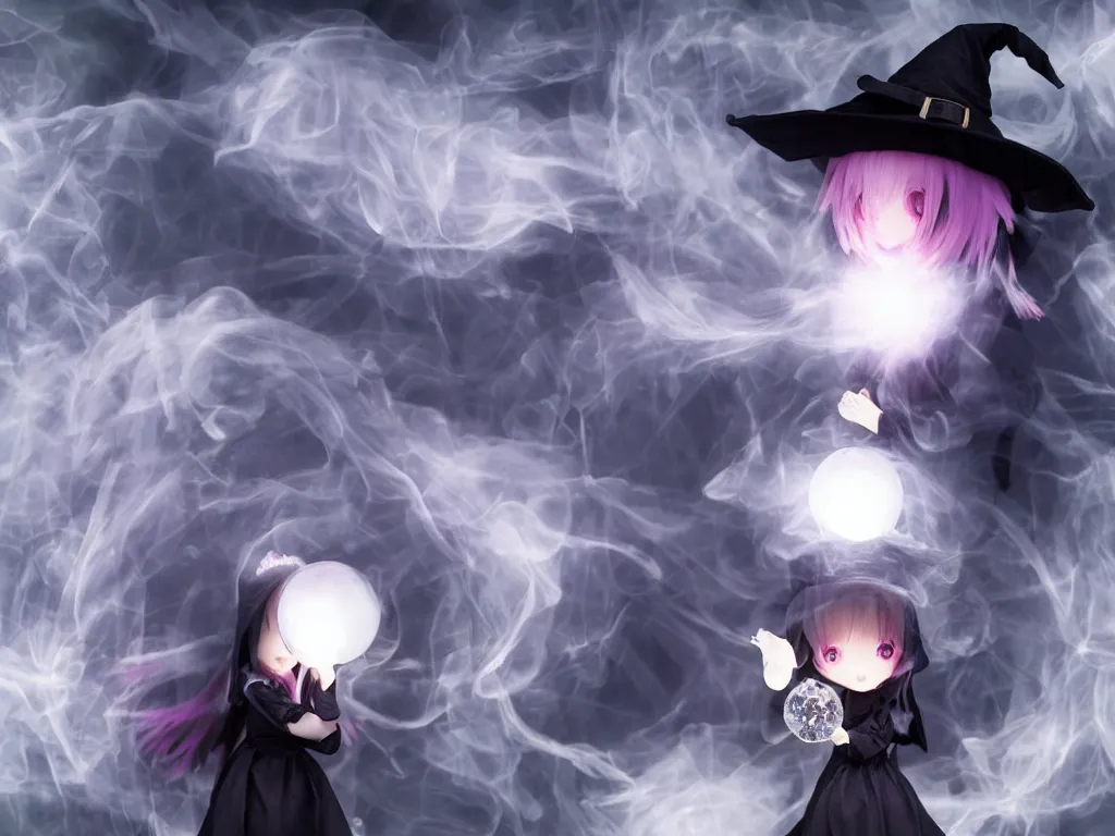 Image similar to cute fumo plush girl gazing into a crystal ball swirling with strange energy, black and white gothic horror, smoke and volumetric fog, witch girl, soothsayer, lens flare glow, chibi anime, vray