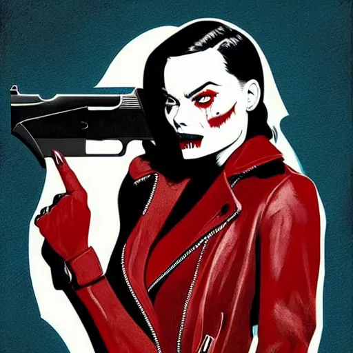 Prompt: Rafael Albuquerque art, Norman Rockwell, pretty Margot Robbie vampire, sharp teeth evil smile, holding handgun, symmetrical face symmetrical eyes, leather jacket, jeans, realistic hands