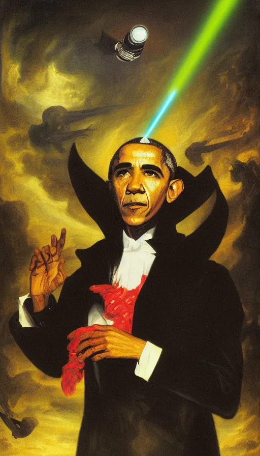 Prompt: obama is the highest ranking member of a highly advanced technological vampire cult, shooting lazer beams, hyperrealistic, surrealcore, lovecraftian, bright colours, 4 k by francisco goya