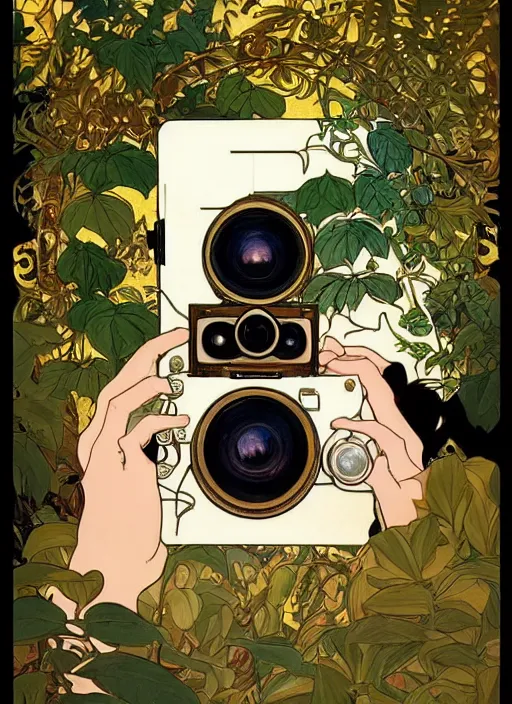 Image similar to photographer looking through a vintage camera, design on white background, beautiful details, lush foliage, gold, drawn by john singer sargent, studio ghibli, alphonso mucha, lolish, trending on artstation