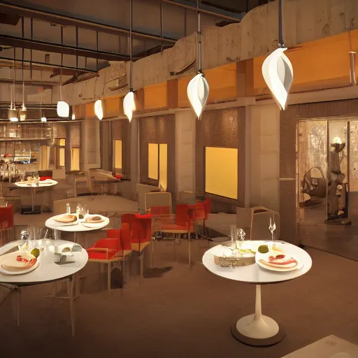 Image similar to three large kuka industrial robot arms having dinner inside a fine dining restaurant, mid - century modern furniture and decor, global illumination, artstation, fantasy