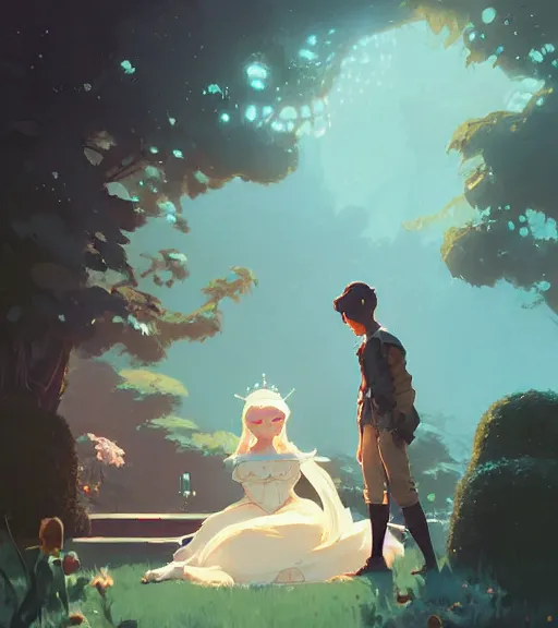 Image similar to a princess and a prince near face to face in the beautiful garden by atey ghailan, by greg rutkowski, by greg tocchini, by james gilleard, by joe fenton, by kaethe butcher, dynamic lighting, gradient light blue, brown, blonde cream and white color scheme, grunge aesthetic