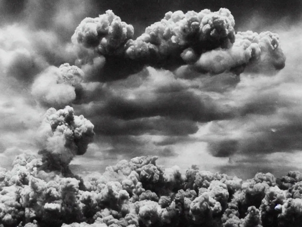 Image similar to finger tips exploding mushroom clouds, wartime photography