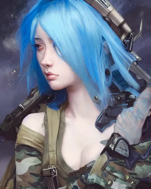 Image similar to stunningly beautiful girl with blue hair, dj sura face fantasy art, military girl, army girl outfit, soldier helmet, jungle background, dark light night, sharp focus, digital painting, 8 k, concept art, art by wlop, artgerm, greg rutkowski and alphonse mucha